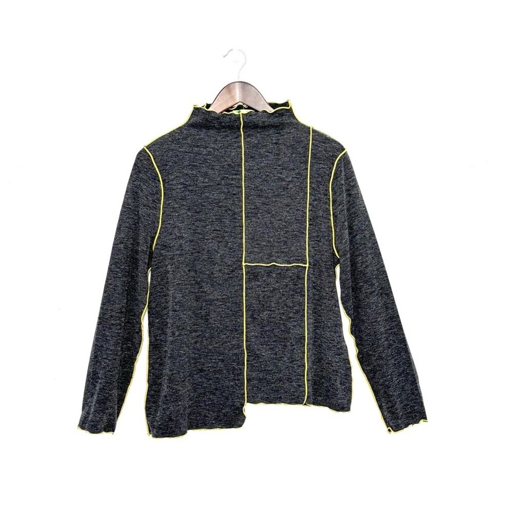 Trisha Tyler Lettuce Hem Mock Neck Top Sz L Gray Yellow | Boho Artsy Unique